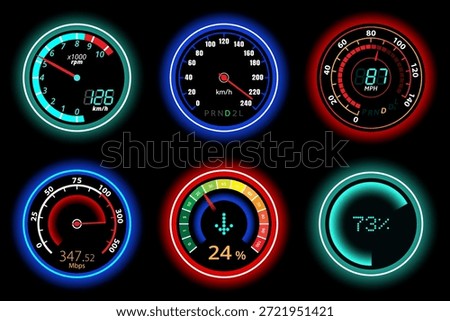 Set of glowing digital and analog gauges showing speed, RPM, Mbps, and percentage. Ideal for UI, automotive, and tech design.