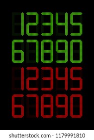 Set of glowing digital numbers. Black electronic display with green and red digital numbers. Poster with numbers, vector illustration.