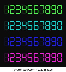 A set of glowing digital numbers. Digital numbers for lcd electronic screen. Digital numbers in the form of electronic numbers for hours, thermometers, calculators. Modern, simple vector illustration.