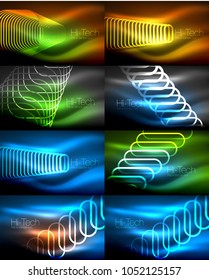 Set of glowing ellipses dark background, waves and swirl, neon light effect, shiny magic effects. Vector illustration
