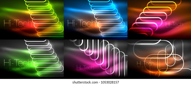 Set of glowing ellipses dark background, waves and swirl, neon light effect, shiny magic effects. Vector illustration