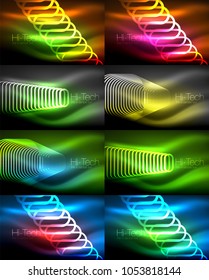 Set of glowing ellipses dark background, waves and swirl, neon light effect, shiny magic effects. Vector illustration