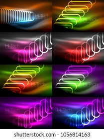 Set of glowing ellipses dark background, waves and swirl, neon light effect, shiny magic effects. Vector illustration