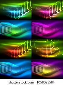 Set of glowing ellipses dark background, waves and swirl, neon light effect, shiny magic effects. Vector illustration