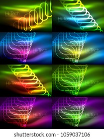 Set of glowing ellipses dark background, waves and swirl, neon light effect, shiny magic effects. Vector illustration