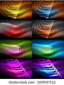 Set of glowing ellipses dark background, waves and swirl, neon light effect, shiny magic effects. Vector illustration
