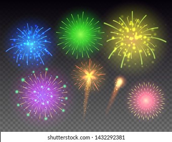 Set of glowing fireworks. Multicolored bright fireworks vector collection.