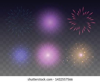 Set of glowing fireworks. Multicolored bright fireworks vector collection.