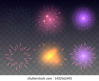 Set of glowing fireworks. Multicolored bright fireworks vector collection.
