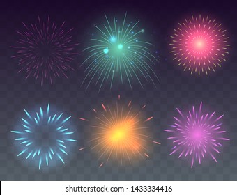 Set of glowing fireworks. Multicolored bright fireworks vector collection.