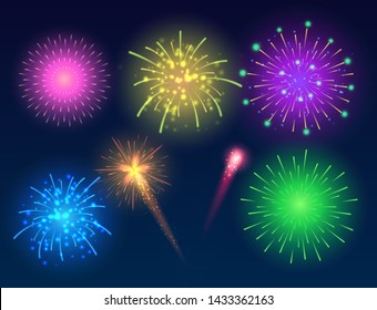 Set of glowing fireworks. Multicolored bright fireworks vector collection.