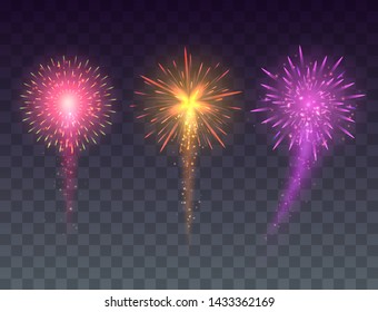 Set of glowing fireworks. Multicolored bright fireworks vector collection.
