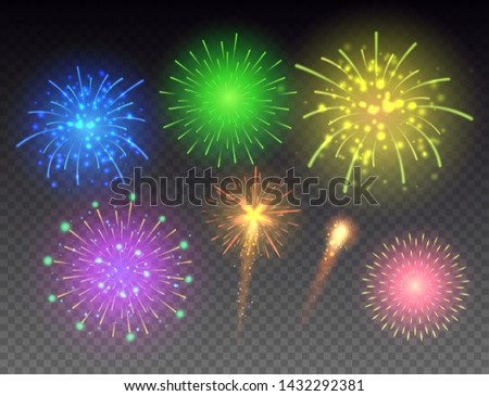 Set of glowing fireworks. Multicolored bright fireworks vector collection.