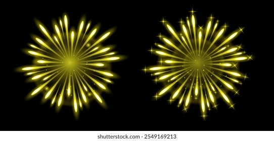 Um conjunto de fogos de artifício brilhantes com estrelas. Ilustração vetorial. Design de brilho para o feriado.