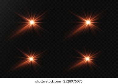 Set of glowing flares and lens. Light flash of a star and explosion of light.