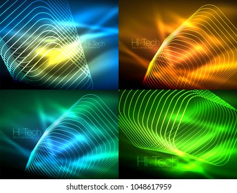 Set of glowing flowing wave neon backgrounds, energy concept, wave lines. Vector illustration