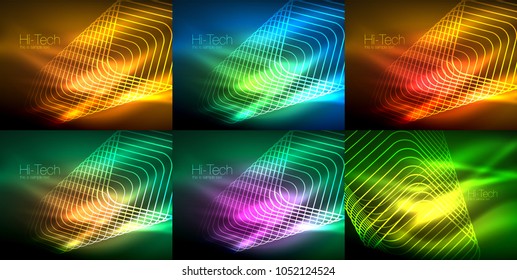 Set of glowing flowing wave neon backgrounds, energy concept, wave lines. Vector illustration