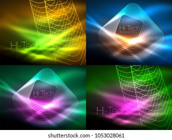 Set of glowing flowing wave neon backgrounds, energy concept, wave lines. Vector illustration