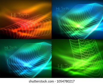 Set of glowing flowing wave neon backgrounds, energy concept, wave lines. Vector illustration