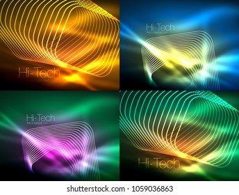 Conjunto de telones de neón de ondas brillantes, concepto de energía, líneas de onda. Ilustración del vector