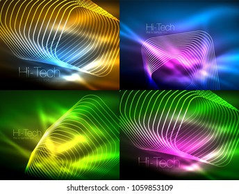 Set of glowing flowing wave neon backgrounds, energy concept, wave lines. Vector illustration