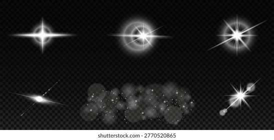 Set of Glowing Four-Pointed Stars, Luminous Orbs with Halos, Bokeh Circles, Shooting Comet Trail and Sparkling Light Flares on Transparent Background. Vector Illustration