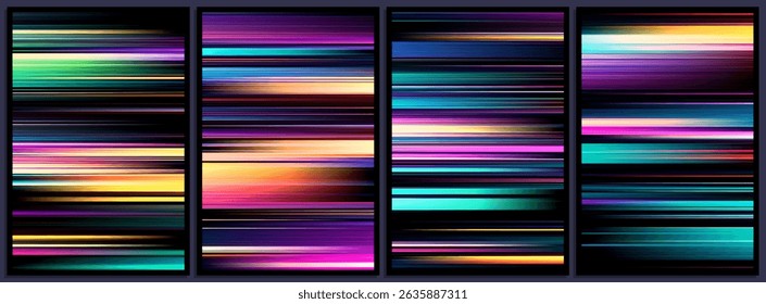 Set of glowing futuristic neon lights in high speed streaks and contrast lines. Light trails of high-tech universe shine in neon tones with visual symphony of speed and energy for banner, flyer, cover