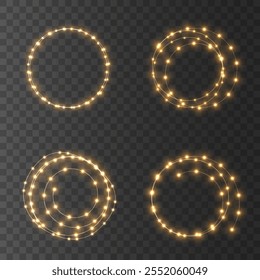 	
A set of glowing garland on a transparent background. Christmas Bright Lights. Design for Christmas banners, cards, backgrounds. Isolated realistic design elements. Glowing lights for Xmas