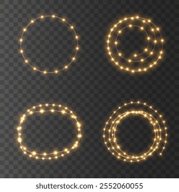 	
A set of glowing garland on a transparent background. Christmas Bright Lights. Design for Christmas banners, cards, backgrounds. Isolated realistic design elements. Glowing lights for Xmas