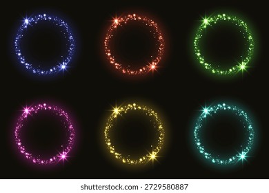 set of glowing glitter circles with neon sparkle light effects on black background for luxury festive design