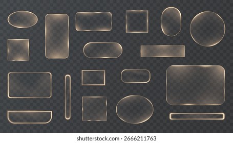 Conjunto de quadros de vidro de ouro brilhante sobre fundo transparente, incluindo círculos, retângulos, quadrados e ovais.