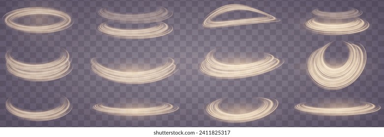 Set of glowing gold speed lines. Light shining effect. Movement on an easy trail. On a transparent background.