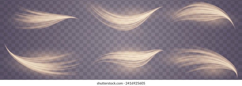 Un conjunto de brillantes líneas de velocidad de oro. Efecto luminoso. Movimiento en un camino fácil. Sobre un fondo transparente.