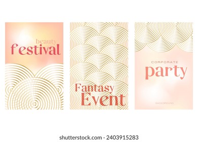 Set of glowing golden circles pattern with light gradient background. Collection of luxury and elegant posters with copy space. Vector design for cover template, poster, banner, card, menu