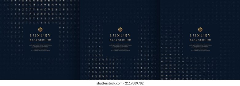 Set of glowing golden dots glitter overlapping on dark blue background. Collection of luxury and elegant halftone pattern with copy space. Vector design for cover template, poster, banner, print ad.