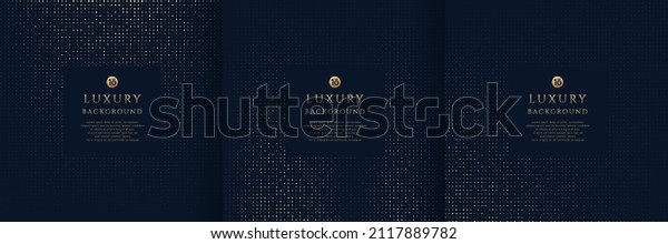 Set of glowing golden dots glitter overlapping on\
dark blue background. Collection of luxury and elegant halftone\
pattern with copy space. Vector design for cover template, poster,\
banner, print ad.