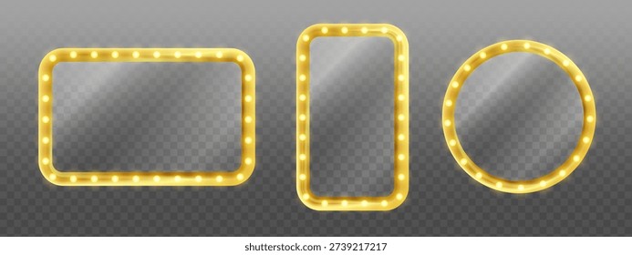 Set of glowing golden frames with light bulbs for vintage signage, theater, carnival, holiday and promo design