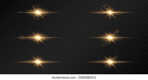 Set of glowing golden lens flares on a dark transparent background. Radiating light bursts with horizontal beams create a bright, futuristic effect. Sci-fi, digital effects, abstract design themes
