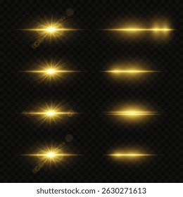 Set of glowing golden light effects. On a transparent background
