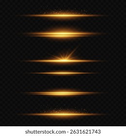 Set of glowing golden light effects. On a transparent background