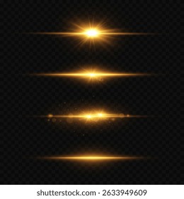 Conjunto de efeitos de luz dourada brilhante. Em um plano de fundo transparente