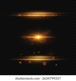 Set of glowing golden light effects. On a transparent background
