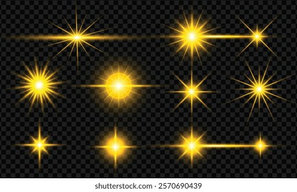 Set of glowing golden light stars effect collection. lens glare.glitter vector illustration