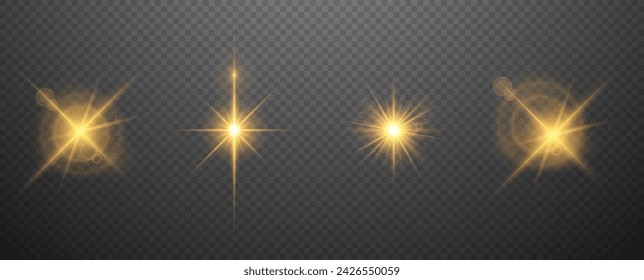 A set of glowing golden lighting effects on a transparent background. Sparkling and shining stars, bright flashes of lights with radiation. Vector illustration.