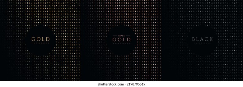 Set of glowing golden, silver, pink gold dots glitter light on black background. Collection of luxury and elegant halftone pattern with copy space. Vector design for cover template, banner, print ad.