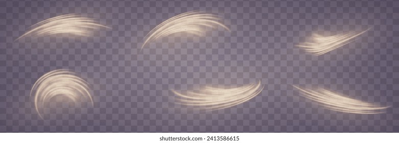 A set of glowing golden speed lines. Light shining effect. Walking on an easy trail. On a transparent background.