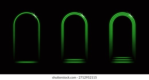 A set of glowing green laser arch-shaped frames isolated on a black background. Abstract vector illustration.