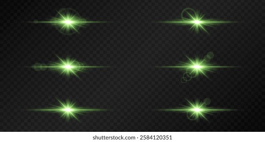 Set of glowing green lens flares on a dark transparent background. Radiating light bursts with horizontal beams create a bright, futuristic effect. Sci-fi, digital effects, abstract design themes