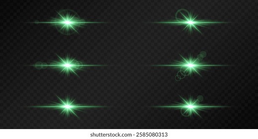 Set of glowing green lens flares on a dark transparent background. Radiating light bursts with horizontal beams create a bright, futuristic effect. Sci-fi, digital effects, abstract design themes
