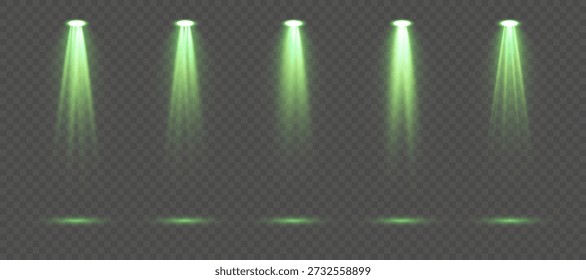 Set of glowing green light sources including spotlights and atmospheric beams isolated on transparent background ideal for concerts, product highlights and abstract vector illustrations
